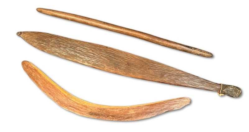 Lot 124 - Aboriginal Incised Spear-thrower, Fighting/hunting Club and Stone Adzed Boomerang, 3pcs.