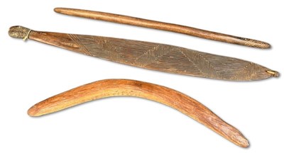 Lot 124 - Aboriginal Incised Spear-thrower, Fighting/hunting Club and Stone Adzed Boomerang, 3pcs.
