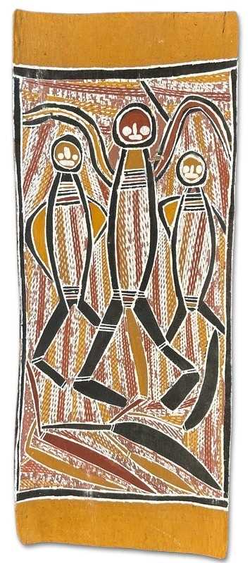 Lot 146 - Aboriginal Bark Painting: Three Dancing Mimih Spirits.