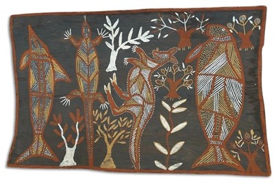Lot 160 - Totemic Animals Aboriginal Bark Painting.