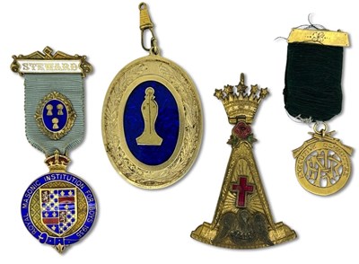 Lot 128 - WWII 9ct Shooting Medal and Masonic Lodge Medals, 4pcs.
