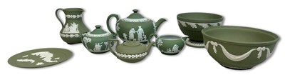 Lot 102 - Wedgwood Green Jasperware Collection, 8pcs.