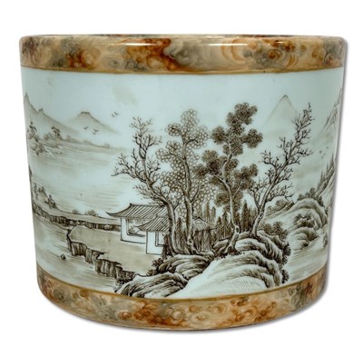 Lot 214 - Chinese Porcelain Faux Bois and Grisaille Brushpot.
