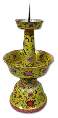 Lot 215 - Chinese Yellow Ground Famille Rose Candlestick.