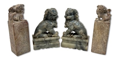Lot 157 - Chinese Carved Temple Dogs and Seals, 4pcs.