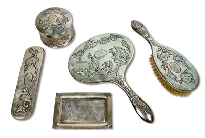 Lot 172 - Chinese Zee Sung Export Silver Dressing Table Set, 5pcs.
