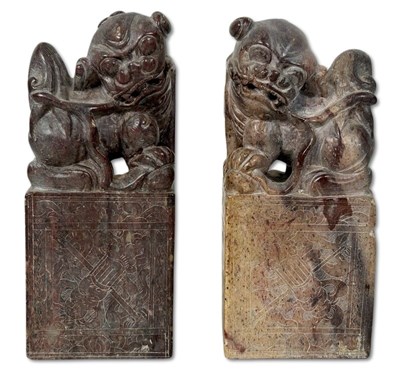 Lot 178 - Chinese Bronze Hand Warmer and Temple Dogs, 3pcs.